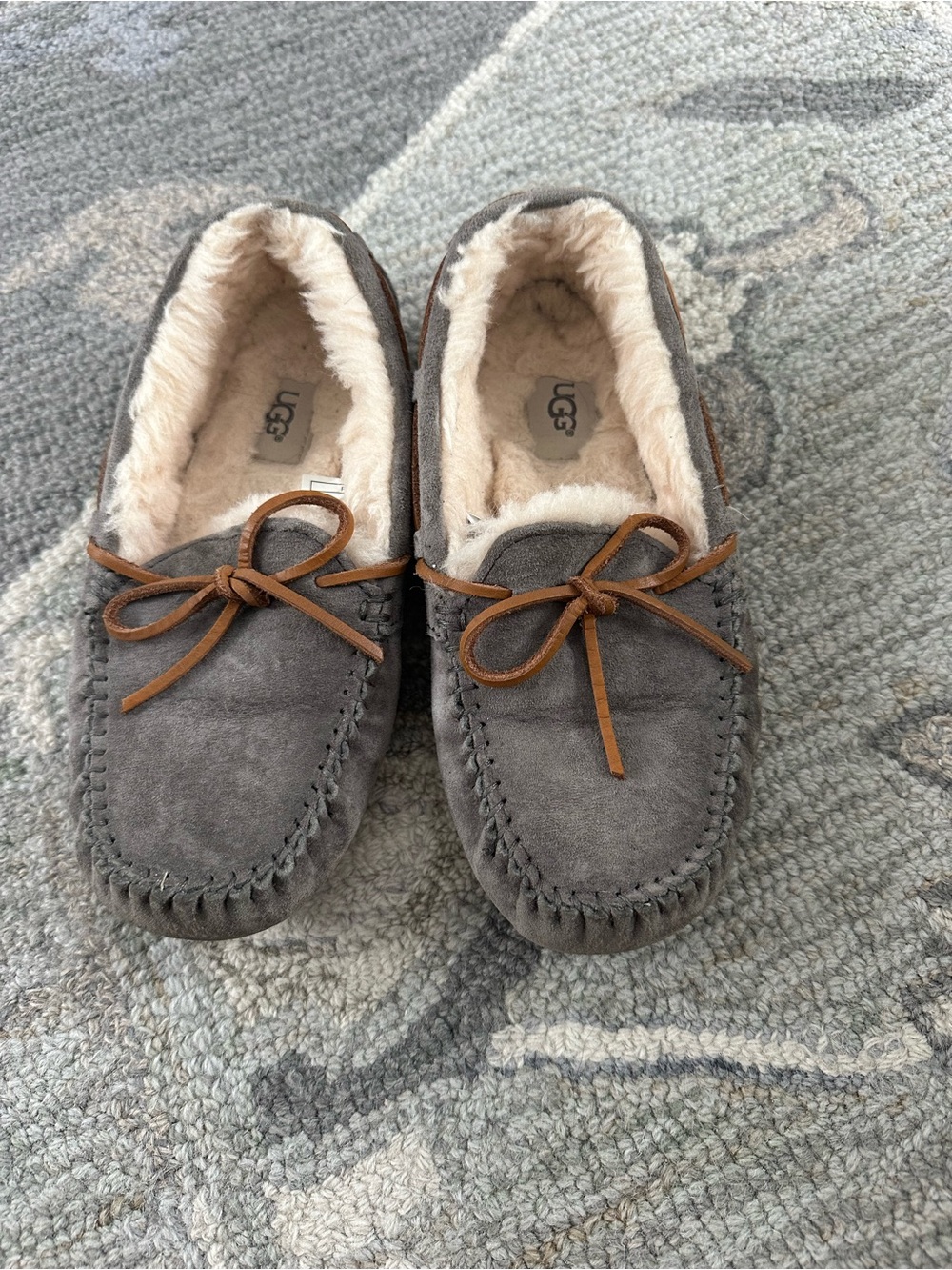 UGG Women’s Grey Suede Moccasin Slippers with Shearling Lining